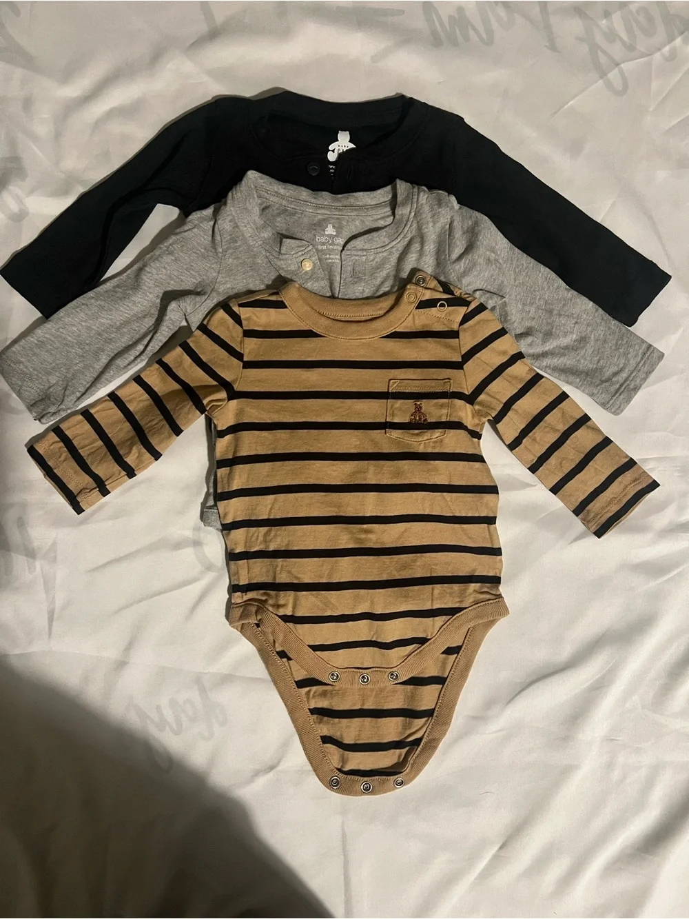 Set of Three Baby Gap Long Sleeve One-Piece Bodysuits Black, Gray, Tan Stripe